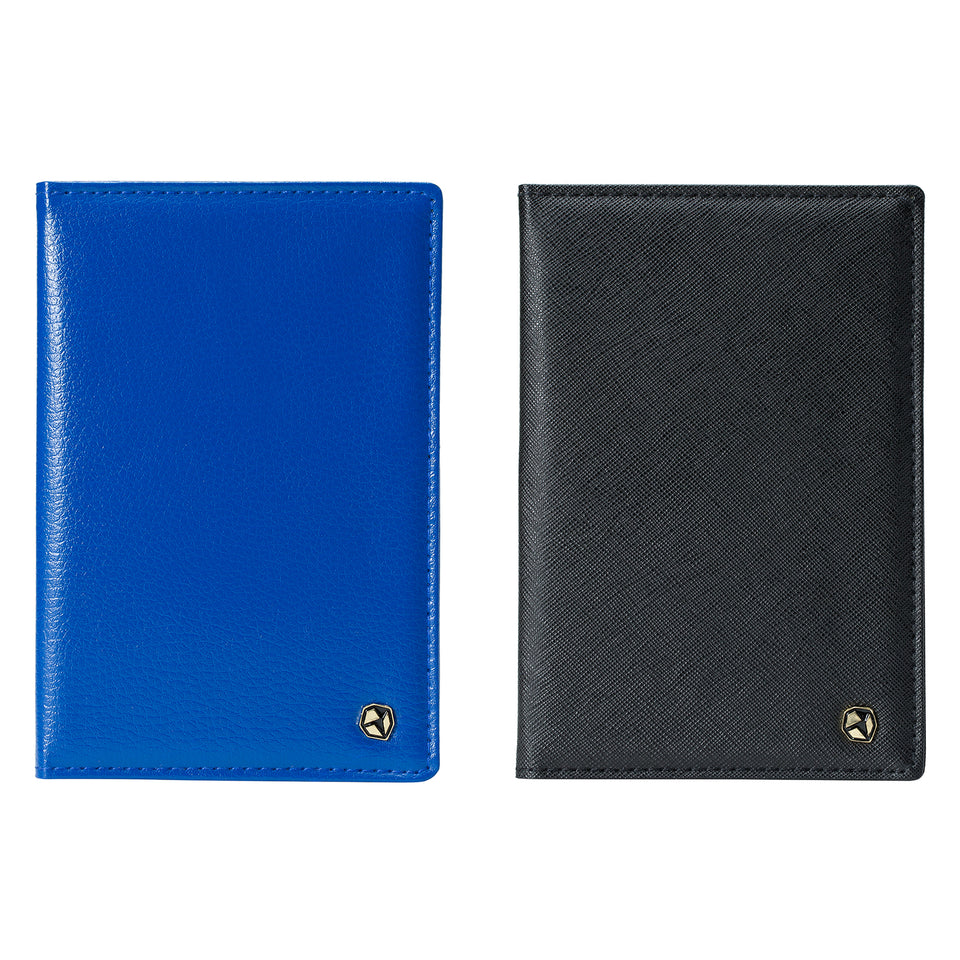 Stone Passport Wallet; blue at the left, black at the right.